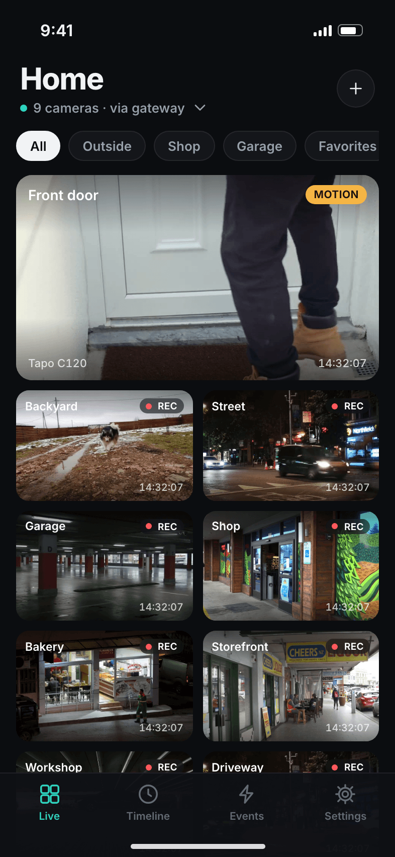 OpenCCTV iPhone app: live view of the home cameras, front door showing a motion alert