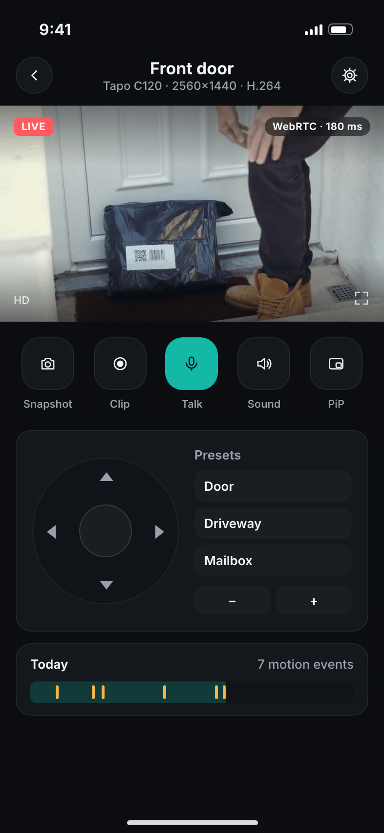 Camera screen with live video, talk button and PTZ control