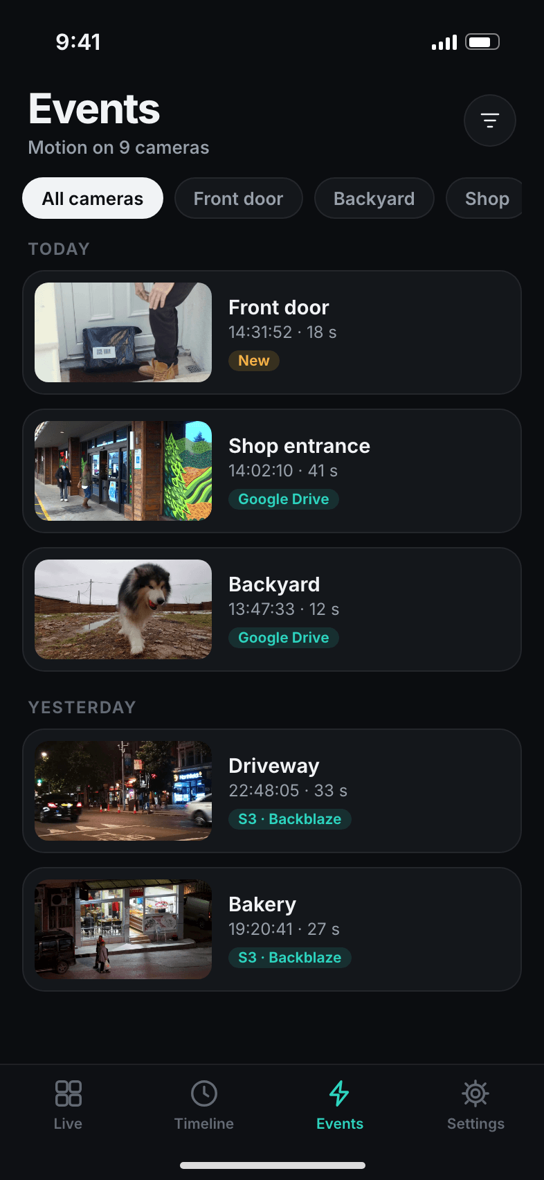 Events screen listing motion events with snapshots