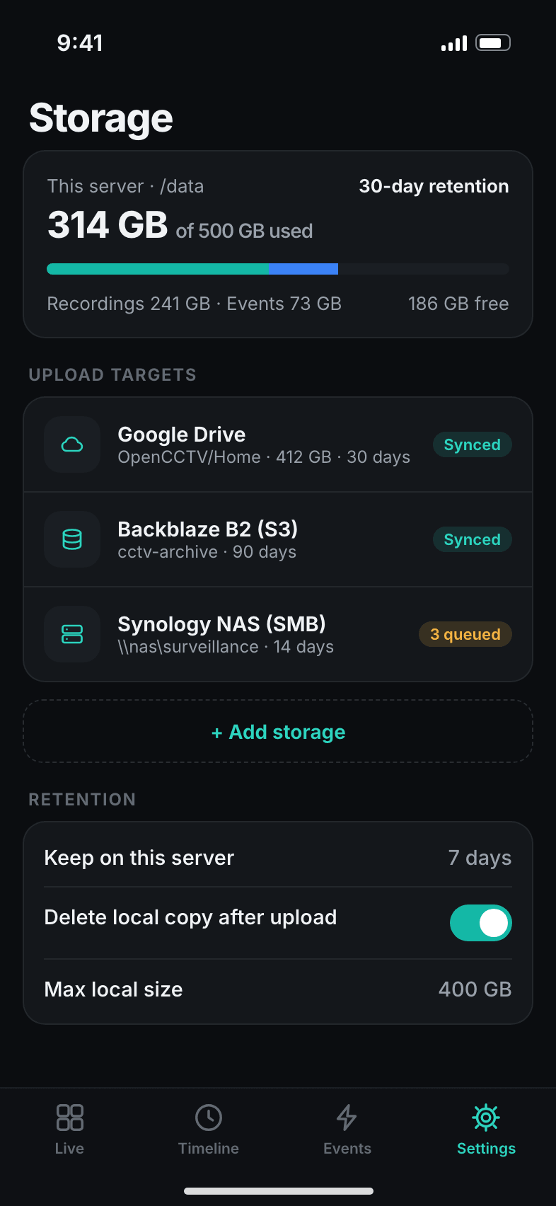 Storage screen with local disk usage, Google Drive, S3 and NAS targets and retention settings