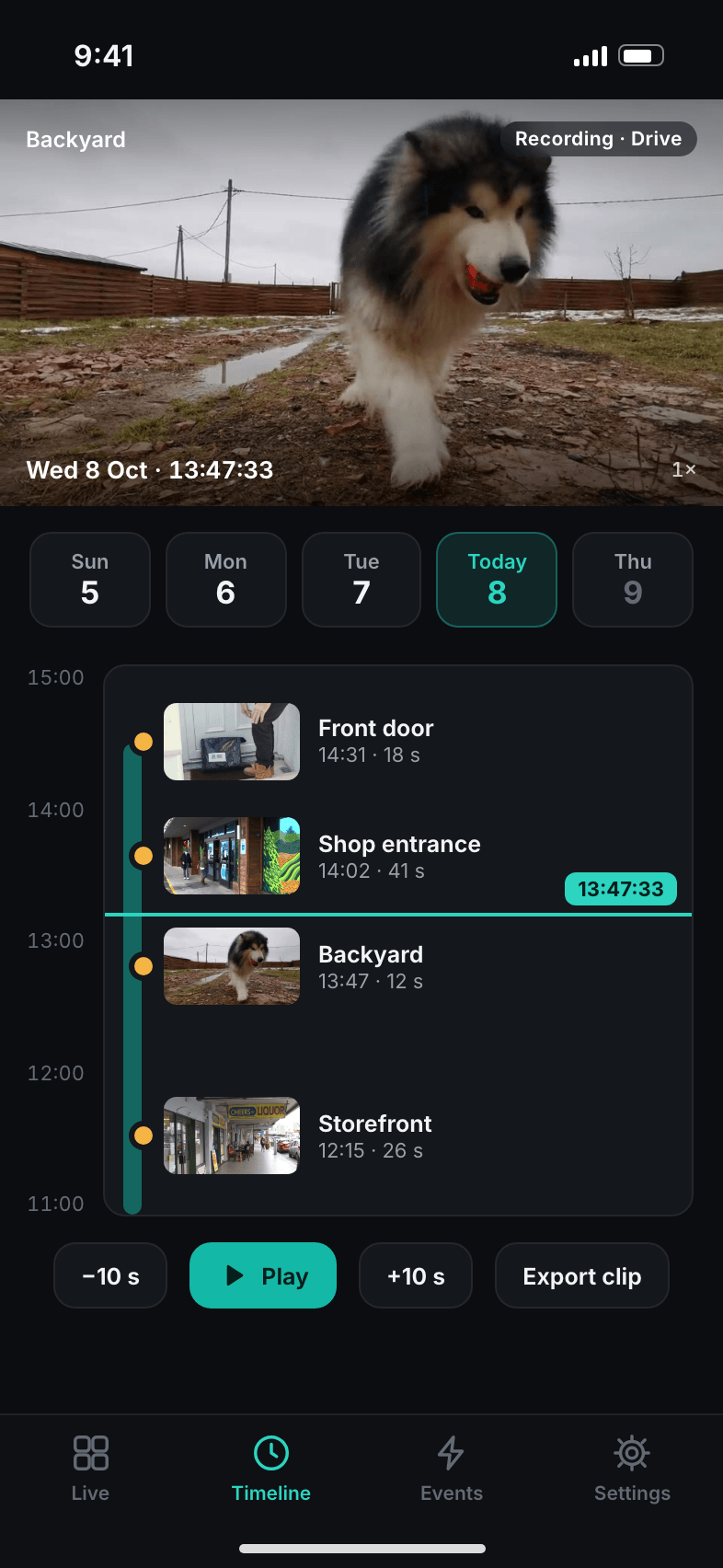Timeline screen with day picker and motion events along the recording