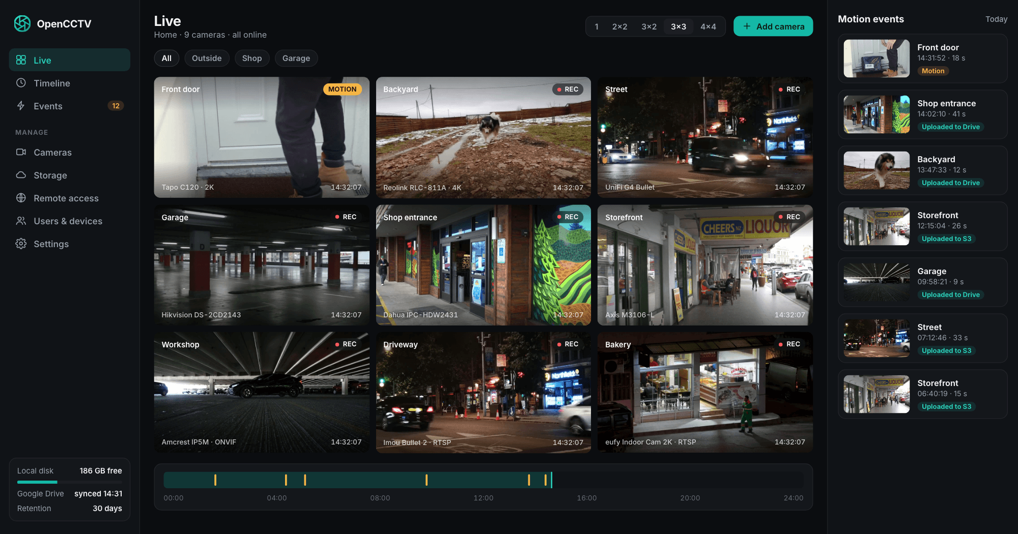 OpenCCTV web interface: live grid of nine cameras with recording indicators, a motion alert on the front door, a 24-hour timeline and a list of motion events uploaded to Google Drive and S3